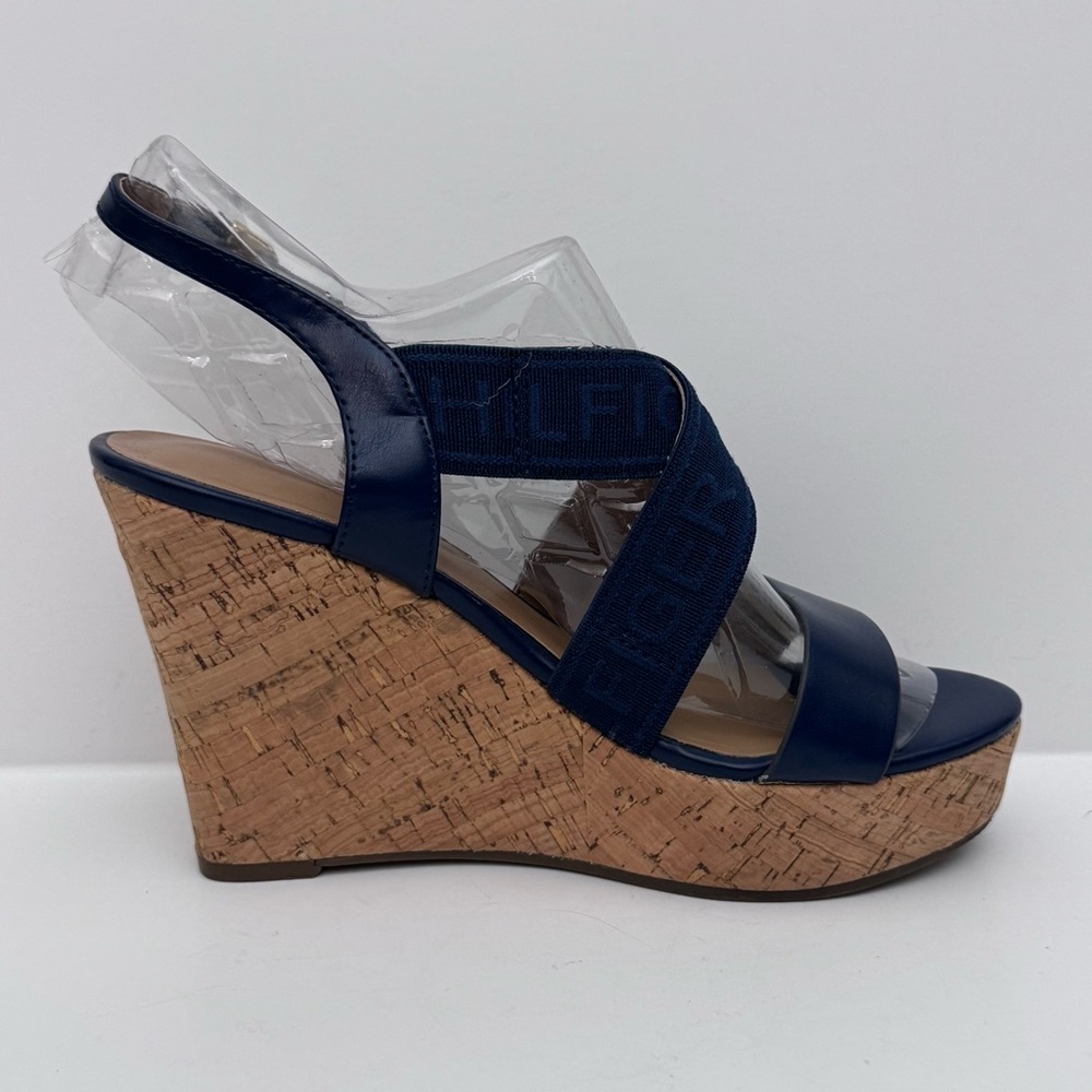 Tommy Hilfiger Woman’s Wedge Sandals Size7.5 Navy Blue Cork Platform Logo Straps - Picture 9 of 13